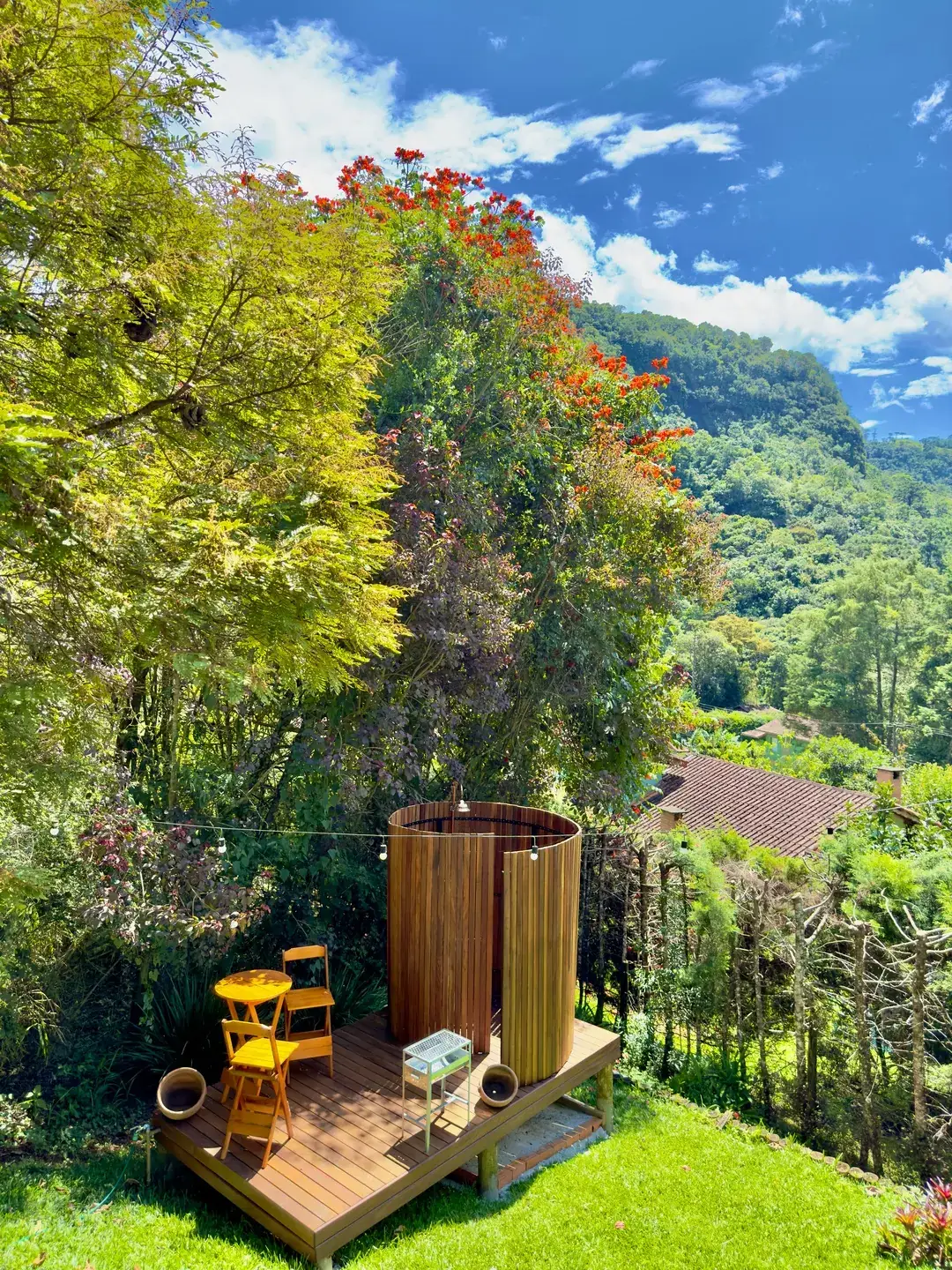 Árvore florida em primeiro plano com a serra e o quintal do Chalé ao fundo