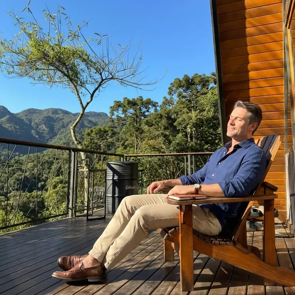 Pessoa relaxando de olhos fechados na cadeira do deck, com as montanhas do vale ao fundo